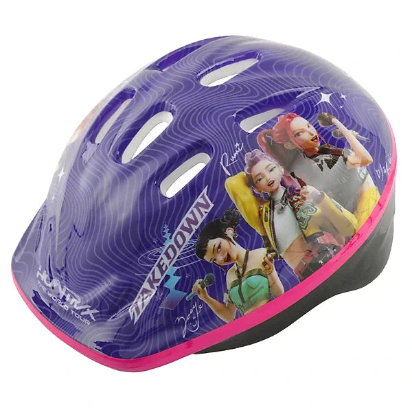 KPop Demon Hunters Takedown Helmet in purple with HUNTR/X characters Rumi, Mira and Zoey, Takedown lettering, ventilation openings and pink trim