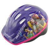 KPop Demon Hunters Takedown Helmet in purple with HUNTR/X characters Rumi, Mira and Zoey, Takedown lettering, ventilation openings and pink trim