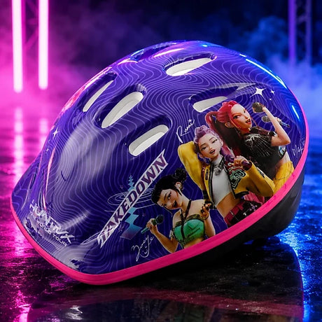 KPop Demon Hunters Takedown Helmet with Rumi, Mira and Zoey character artwork, displayed against pink and blue neon lighting