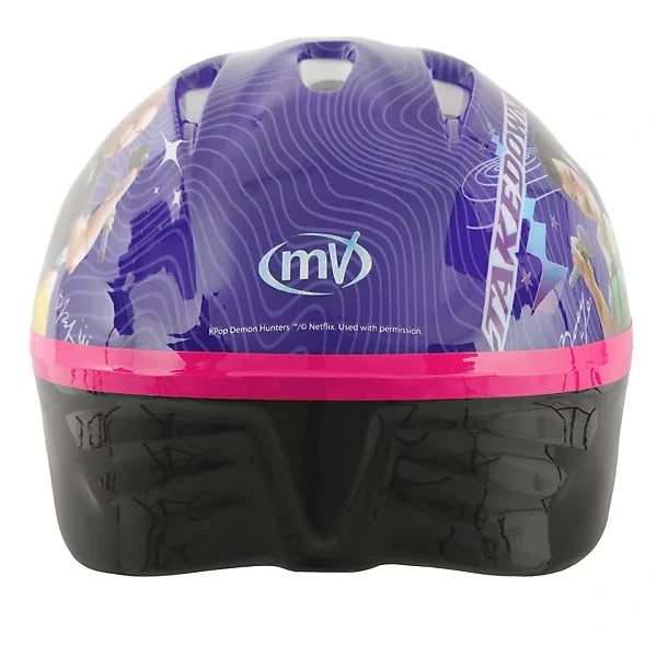 Rear view of KPop Demon Hunters Takedown Helmet showing purple patterned shell, MV Sports logo, pink trim and black lower section