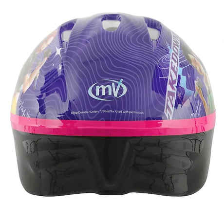 Rear view of KPop Demon Hunters Takedown Helmet showing purple patterned shell, MV Sports logo, pink trim and black lower section