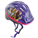 Side view of KPop Demon Hunters Takedown Helmet showing HUNTR/X character artwork, purple ventilation shell, pink trim and adjustable chin strap with buckle