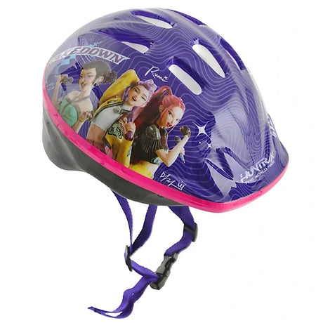 Side view of KPop Demon Hunters Takedown Helmet showing HUNTR/X character artwork, purple ventilation shell, pink trim and adjustable chin strap with buckle