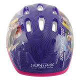 Top view of KPop Demon Hunters Takedown Helmet showing multiple ventilation openings, purple patterned shell, HUNTR/X The World Tour logo and character artwork along both sides