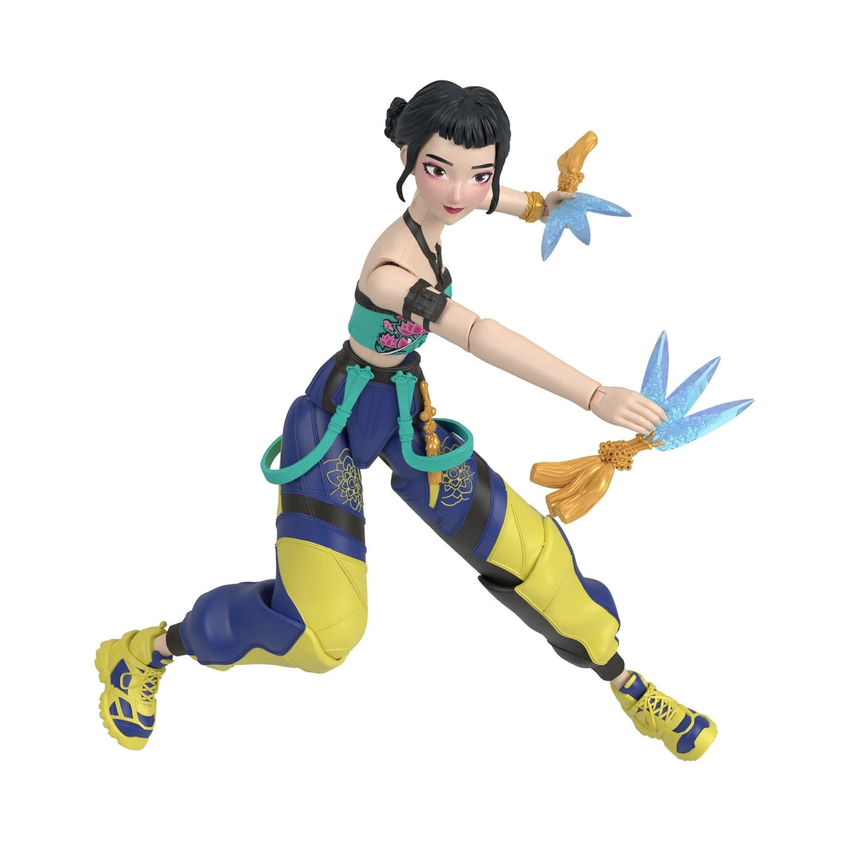 KPop Demon Hunters HUNTR/X Zoey Action Figure posed with Spirit Blades in her How It's Done outfit