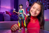 Child holding the KPop Demon Hunters HUNTR/X Zoey Doll with her How It's Done outfit and Spirit Blades