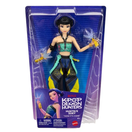 KPop Demon Hunters HUNTR/X Zoey Doll in retail packaging with purple HUNTR/X branding and included Spirit Blades