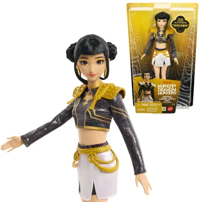 KPop Demon Hunters HUNTR/X Zoey Singing Doll in her Golden outfit beside the retail packaging