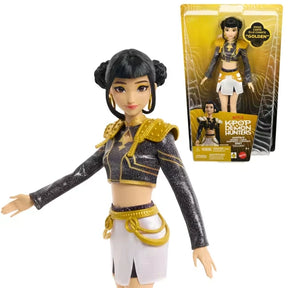 KPop Demon Hunters HUNTR/X Zoey Singing Doll in her Golden outfit beside the retail packaging