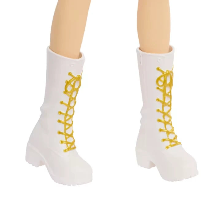 KPop Demon Hunters HUNTR/X Zoey Singing Doll close view of her white boots with gold laces