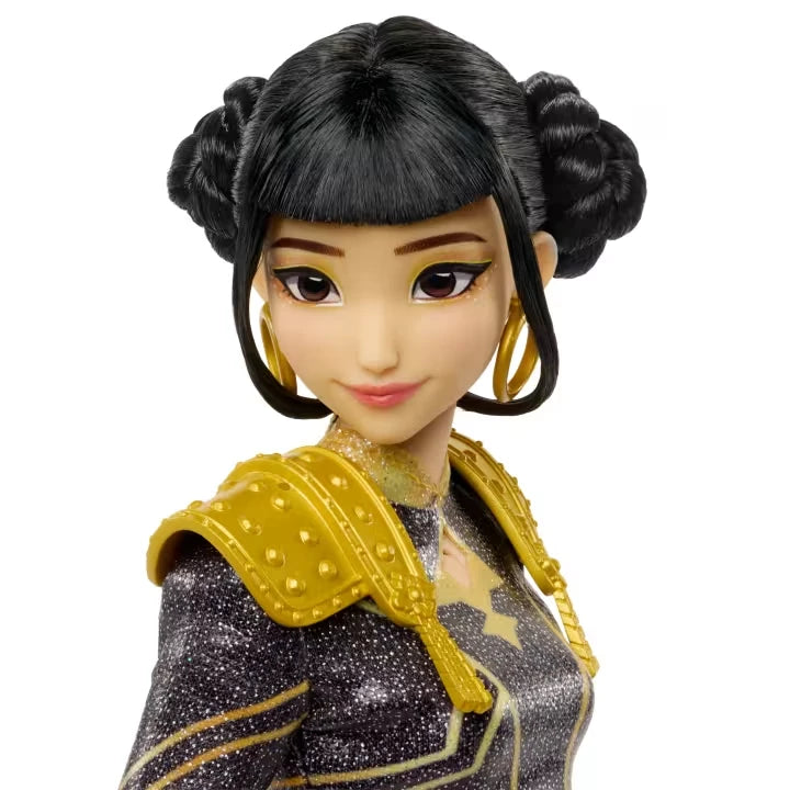 KPop Demon Hunters HUNTR/X Zoey Singing Doll close view showing her black updo hairstyle, gold earrings and shoulder armour