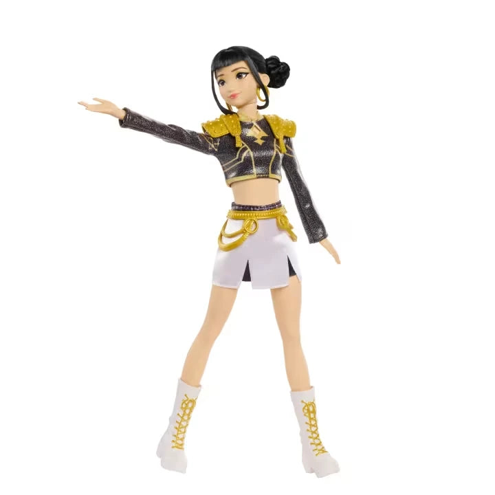 KPop Demon Hunters HUNTR/X Zoey Singing Doll full view wearing her black, gold and white Golden performance outfit