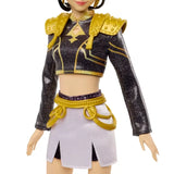 KPop Demon Hunters HUNTR/X Zoey Singing Doll close view of her black and gold Golden performance top, shoulder armour, white skirt and gold belt details