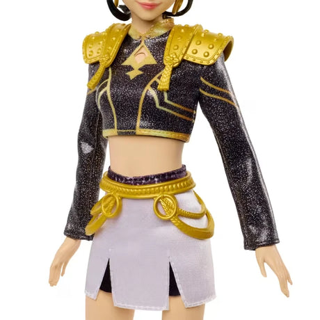 KPop Demon Hunters HUNTR/X Zoey Singing Doll close view of her black and gold Golden performance top, shoulder armour, white skirt and gold belt details