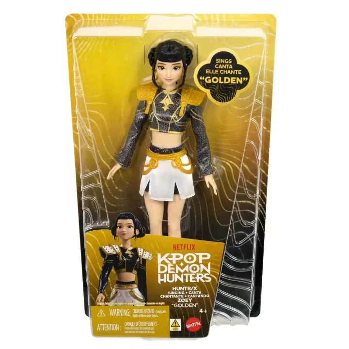 KPop Demon Hunters HUNTR/X Zoey Singing Doll in yellow and black retail packaging with Golden singing feature shown on the front