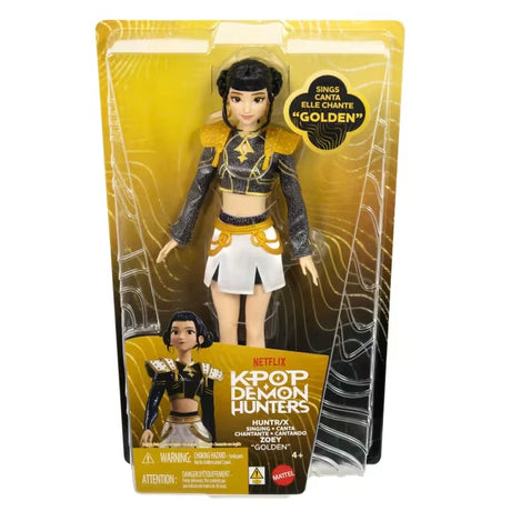 KPop Demon Hunters HUNTR/X Zoey Singing Doll in yellow and black retail packaging with Golden singing feature shown on the front