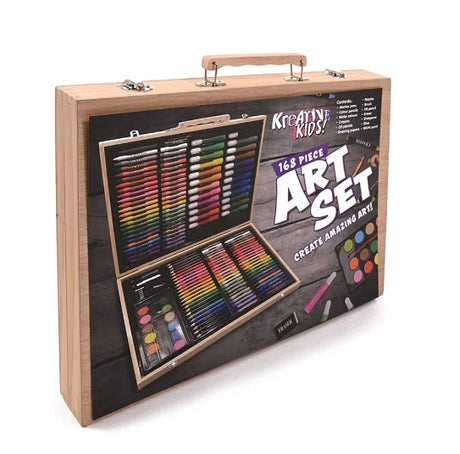 Side view of Kreative Kids 168 Piece Art Set wooden case with handle and clasps – Ireland