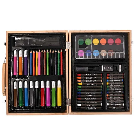 Top view of all items inside Kreative Kids 67 Piece Art Set wooden case – Ireland
