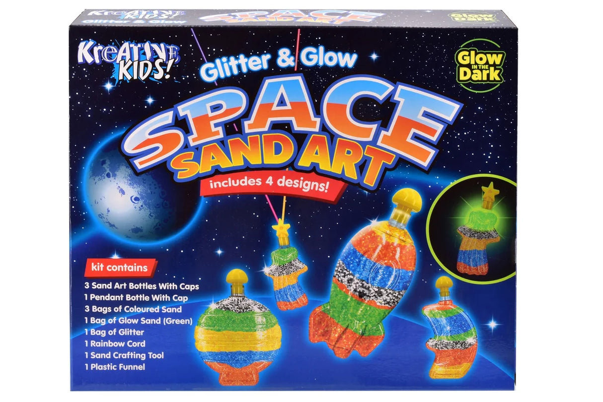 Front view of Kreative Kids Space Sand Art box showing glow-in-the-dark bottle designs – Ireland