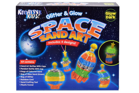Front view of Kreative Kids Space Sand Art box showing glow-in-the-dark bottle designs – Ireland
