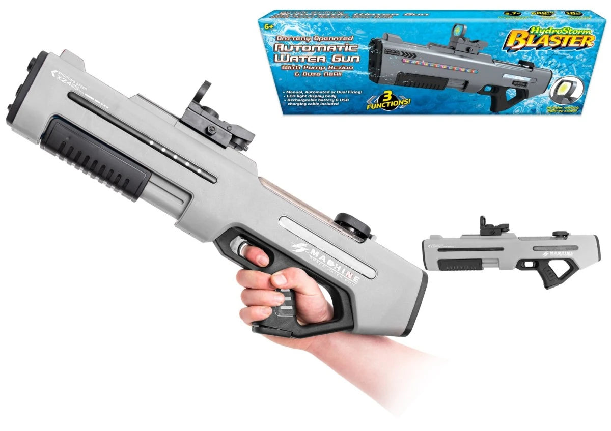 Grey HydroStorm automatic water gun shown beside its blue product box and smaller side-view blaster image