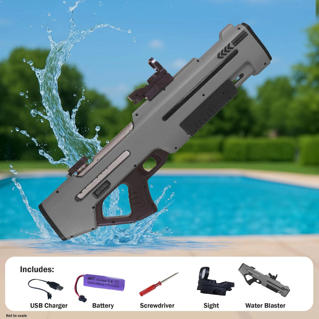 Grey HydroStorm water gun graphic showing USB charger, battery, screwdriver, sight and water blaster parts 