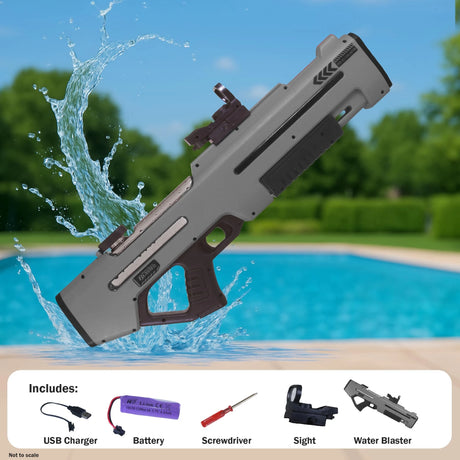 Grey HydroStorm water gun graphic showing USB charger, battery, screwdriver, sight and water blaster parts 