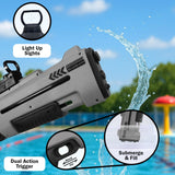 Grey HydroStorm water gun feature graphic showing light up sights, dual action trigger and submerge and fill callouts