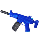Blue HydroStorm automatic water blaster side view with clear magazine and dark front barrel 