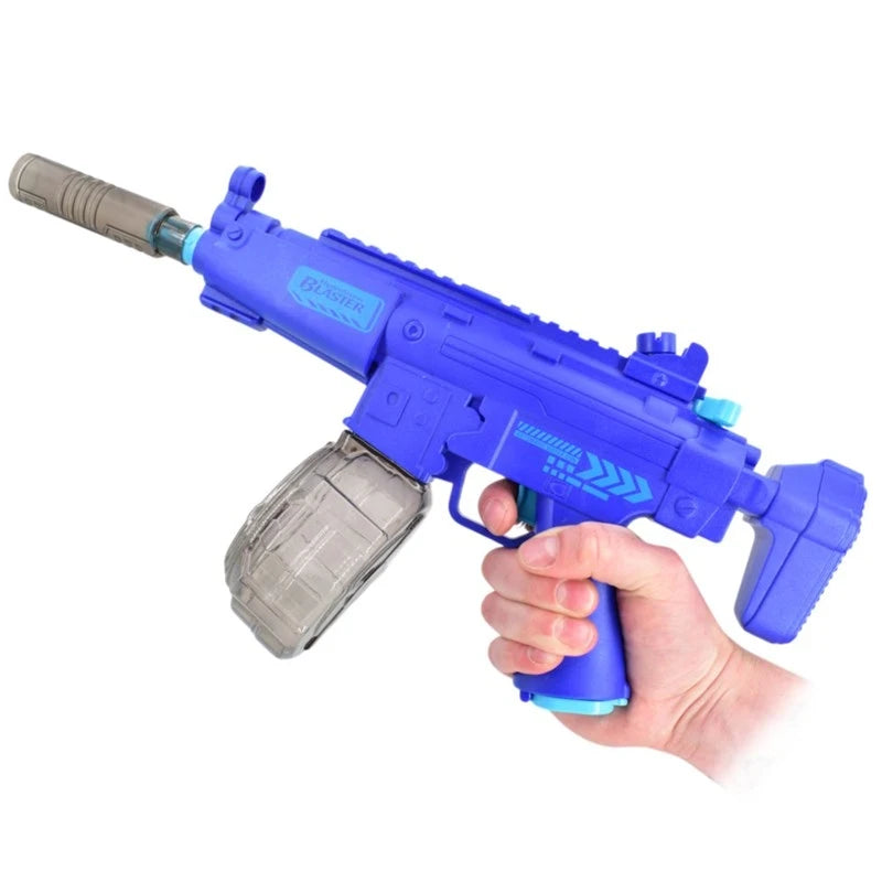 Blue HydroStorm automatic water blaster held in one hand with clear magazine and dark front barrel