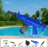 HydroStorm water blaster graphic showing USB charger, battery, screwdriver, magazine, blaster and silencer