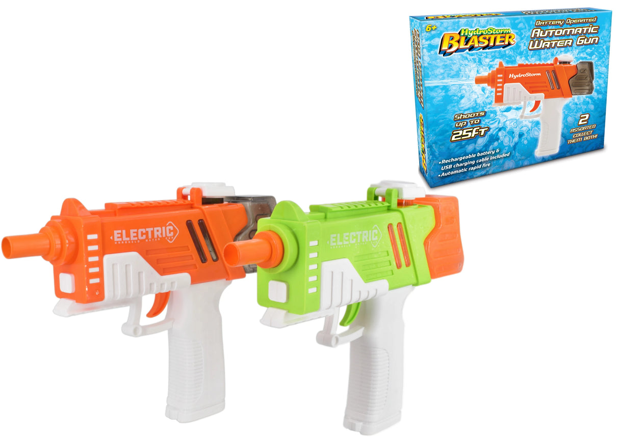 Orange and green HydroStorm Blaster automatic water guns with product box showing 6+ age mark