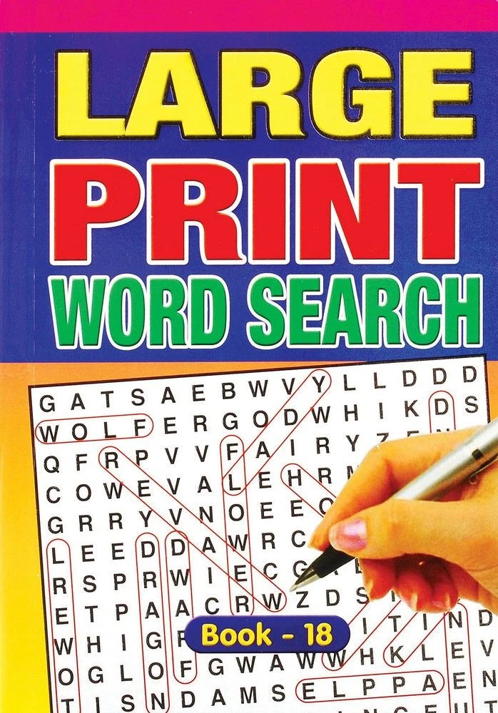 Large Print Word Search Book 18 cover with puzzle grid and hand holding pen