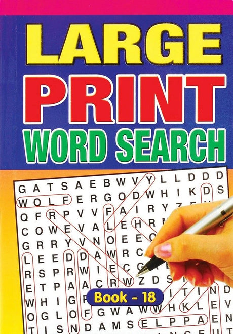 Large Print Word Search Book 18 cover with puzzle grid and hand holding pen