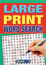 Large Print Word Search Book 3 cover with puzzle grid and hand holding pen
