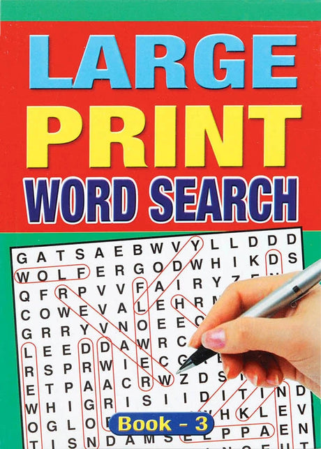 Large Print Word Search Book 3 cover with puzzle grid and hand holding pen