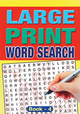 Large Print Word Search Book 4 cover with puzzle grid and hand holding pen