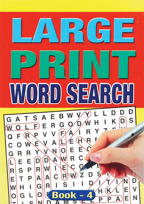 Large Print Word Search Book 4 cover with puzzle grid and hand holding pen