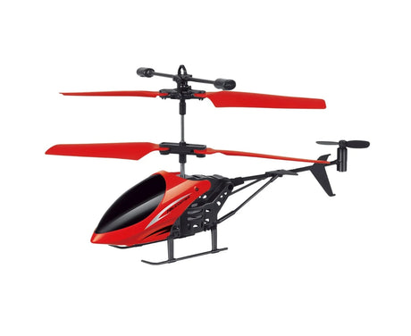 Side view of red Lead Honor RC helicopter with twin rotors and landing skids – Ireland