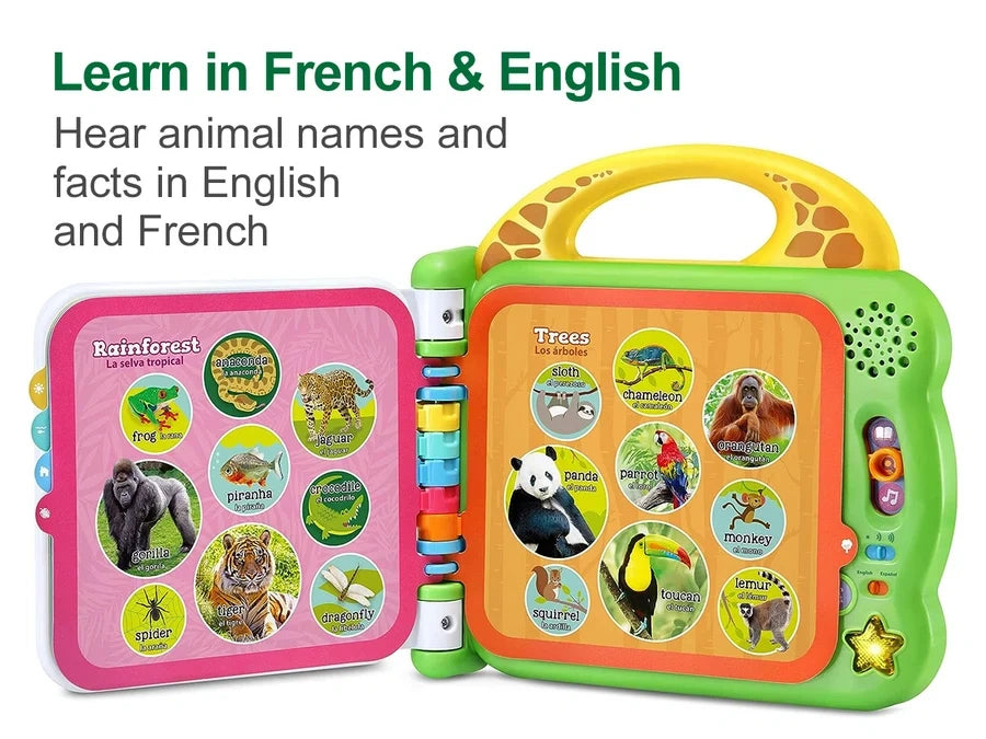 Open LeapFrog 100 Animals Book showing rainforest and tree animals with English and French learning information