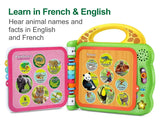 Open LeapFrog 100 Animals Book showing rainforest and tree animals with English and French learning information