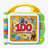 LeapFrog 100 Animals Book with green casing, yellow carrying handle, colourful page tabs and illustrated animal cover