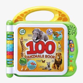 LeapFrog 100 Animals Book with green casing, yellow carrying handle, colourful page tabs and illustrated animal cover