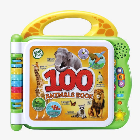 LeapFrog 100 Animals Book with green casing, yellow carrying handle, colourful page tabs and illustrated animal cover