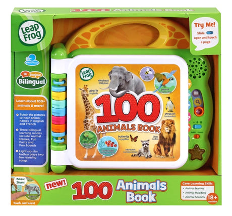 LeapFrog 100 Animals Book in its retail packaging showing the bilingual learning features, animal illustrations and 18 months age recommendation