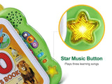 Close-up of the illuminated yellow star music button on the LeapFrog 100 Animals Book with surrounding colourful control buttons