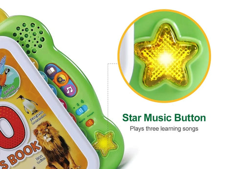 Close-up of the illuminated yellow star music button on the LeapFrog 100 Animals Book with surrounding colourful control buttons