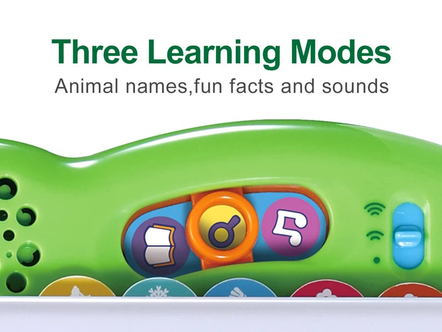 Close-up of LeapFrog 100 Animals Book showing three learning mode buttons for animal names, fun facts and sounds