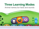 Close-up of LeapFrog 100 Animals Book showing three learning mode buttons for animal names, fun facts and sounds