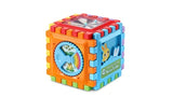 LeapFrog 6-in-1 Snap & Learn Busy Cube fully assembled with rainbow dial, bunny panel and clear top spinner